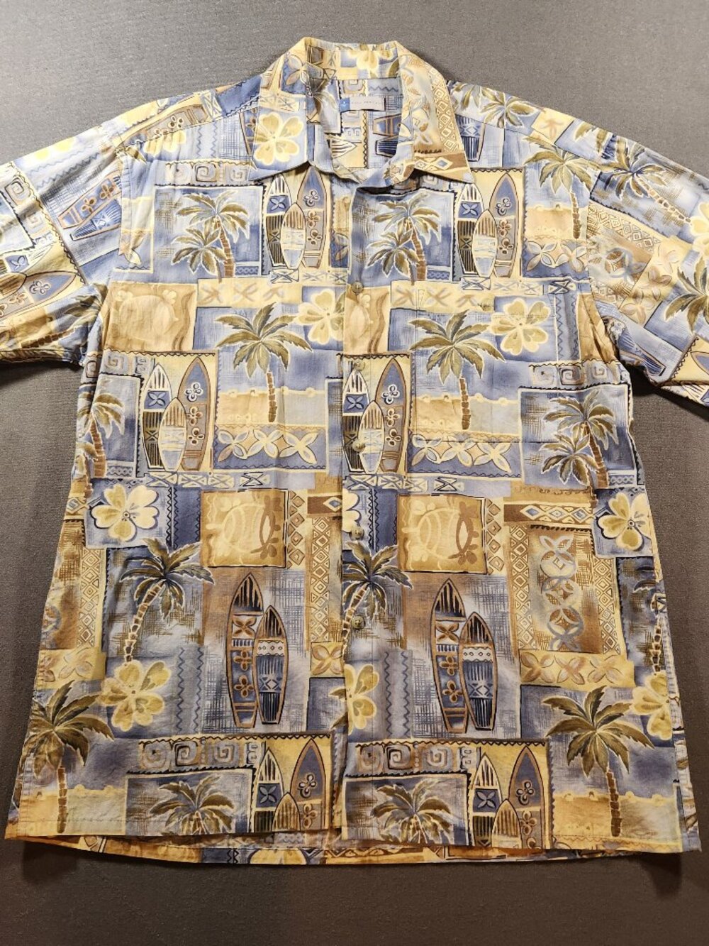 Half Moon Bay Men's Hawaiian Shirt Surfboards Palm Trees Blue Tan Size L